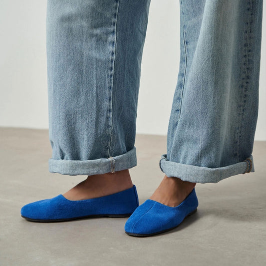 Blue Cow Suede Round-Toe Slip-On Classic Ballet Flats