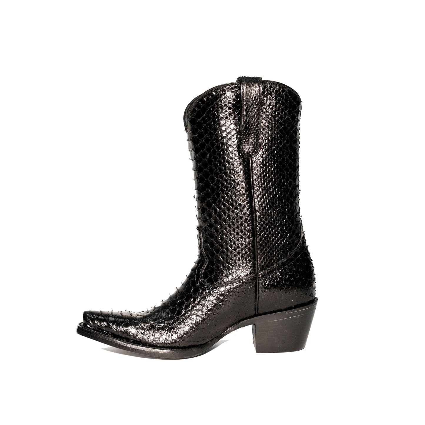 Black Snakeskin Print Snip-Toe Simple Mid Calf Cowgirl Boots