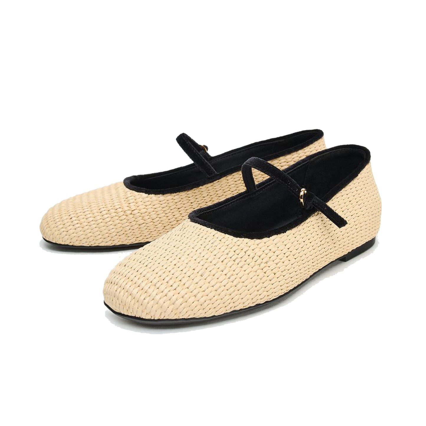 Beige Woven And Velvet Round-Toe Mary Jane Ballet Flats