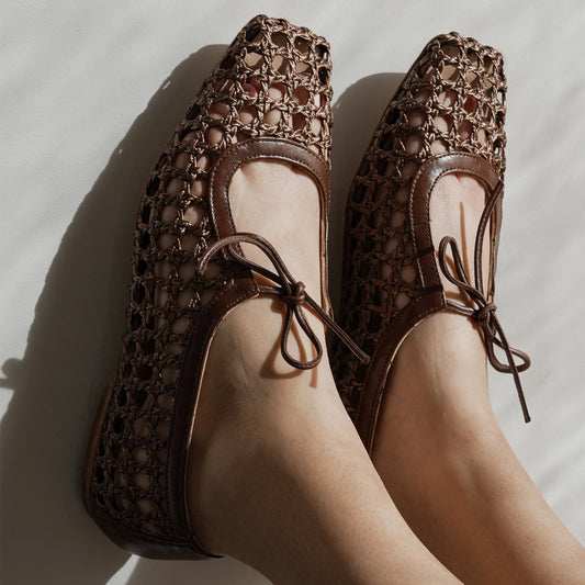 Brown Woven Vegan Leather Square-Toe Vamp Strap With Bow Ballet Flats