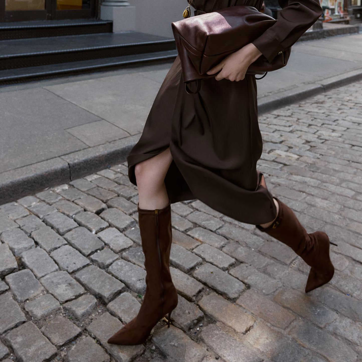 Chocolate Faux Suede Pointed-Toe Top Buckle Strap Full-Zip Knee High Stiletto Boots