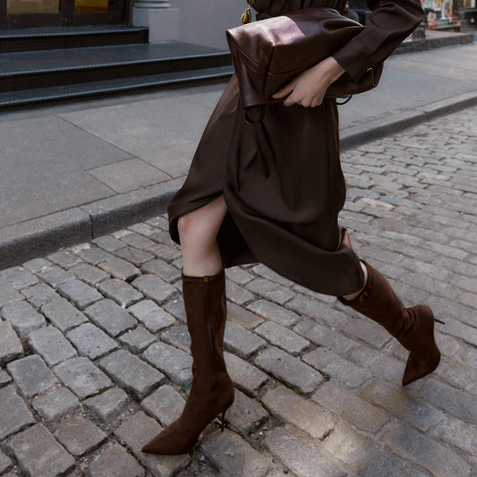 Chocolate Faux Suede Pointed-Toe Top Buckle Strap Full-Zip Knee High Stiletto Boots