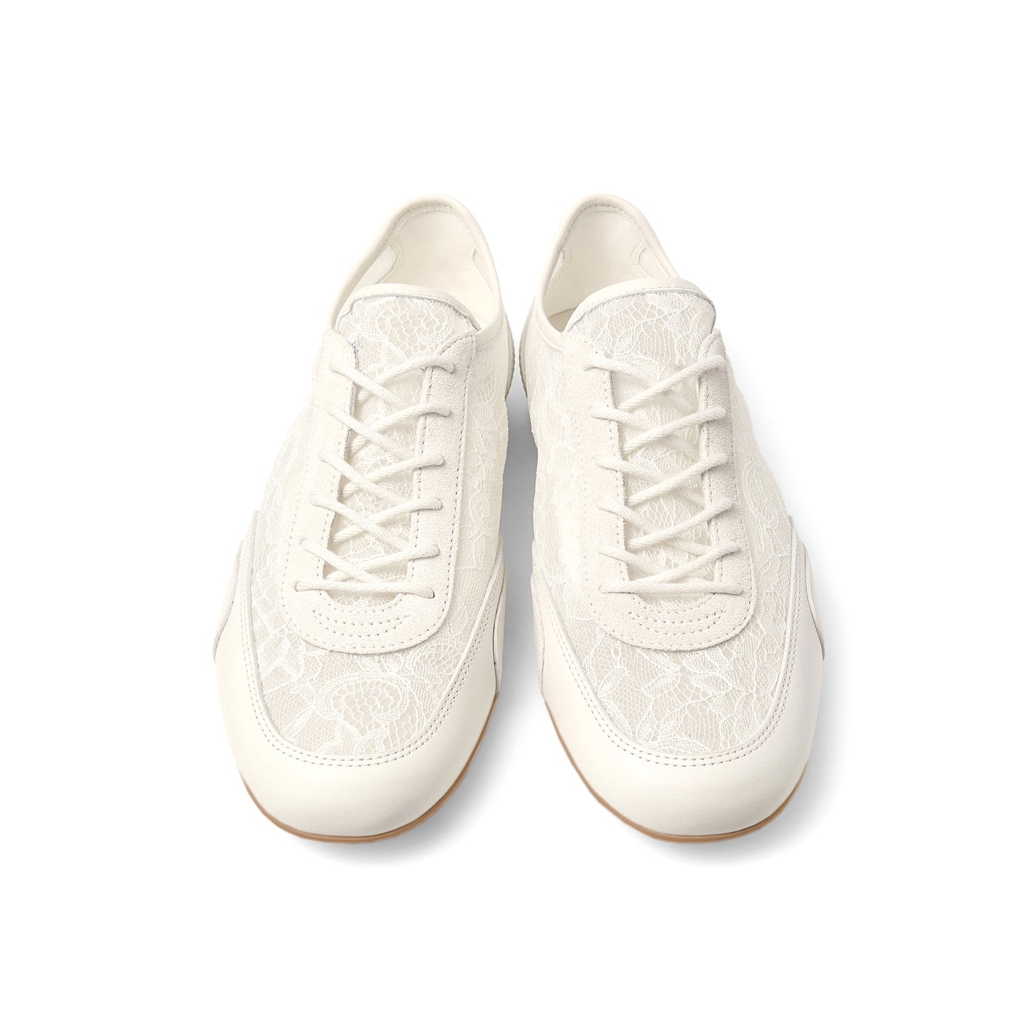 Ivory Faux Suede And Lace Mesh Round-Toe Lace-Up Sneakers Flats