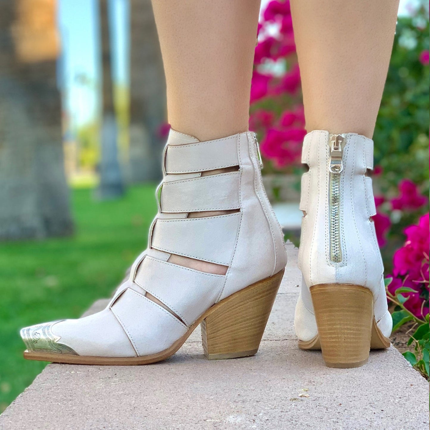 White Metal Snip-Toe Strappy Back Full-Zip Ankle Cowgirl Boots