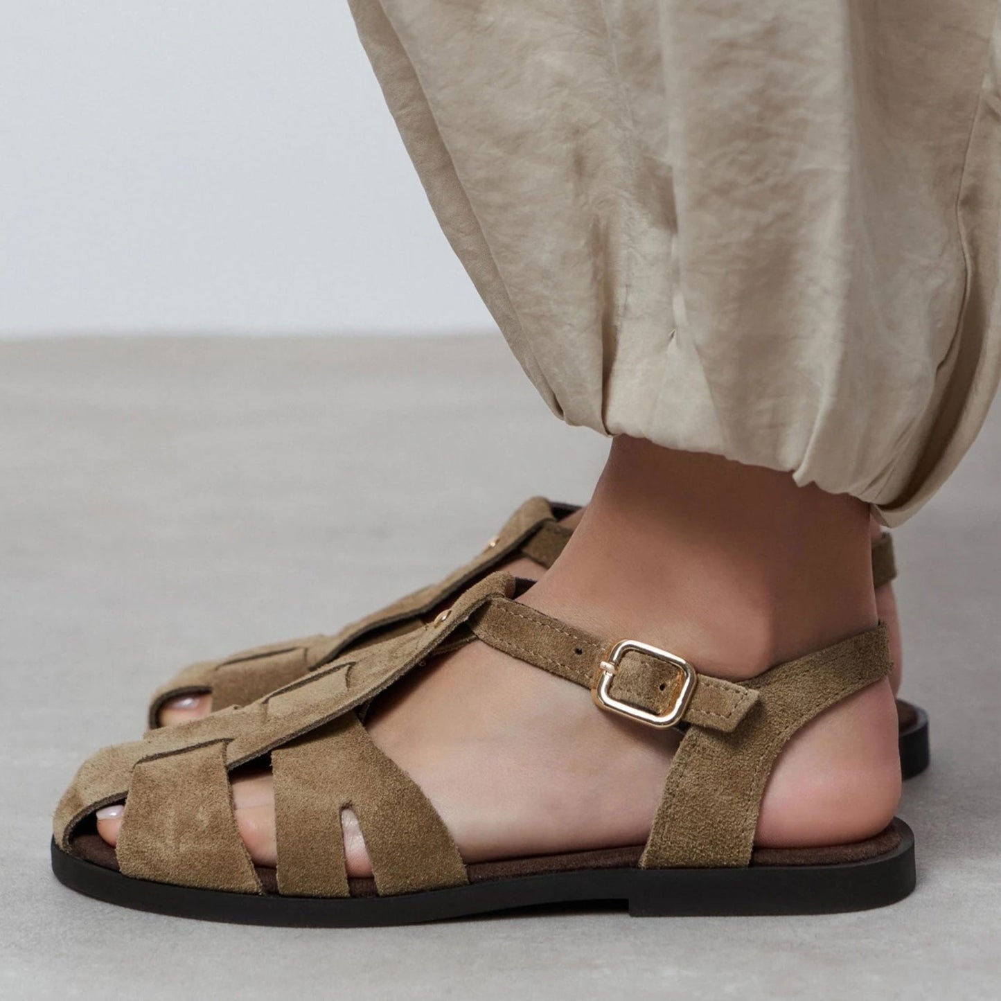 Taupe Cow Suede Round-Toe Caged Detail Buckle Sandals Flats