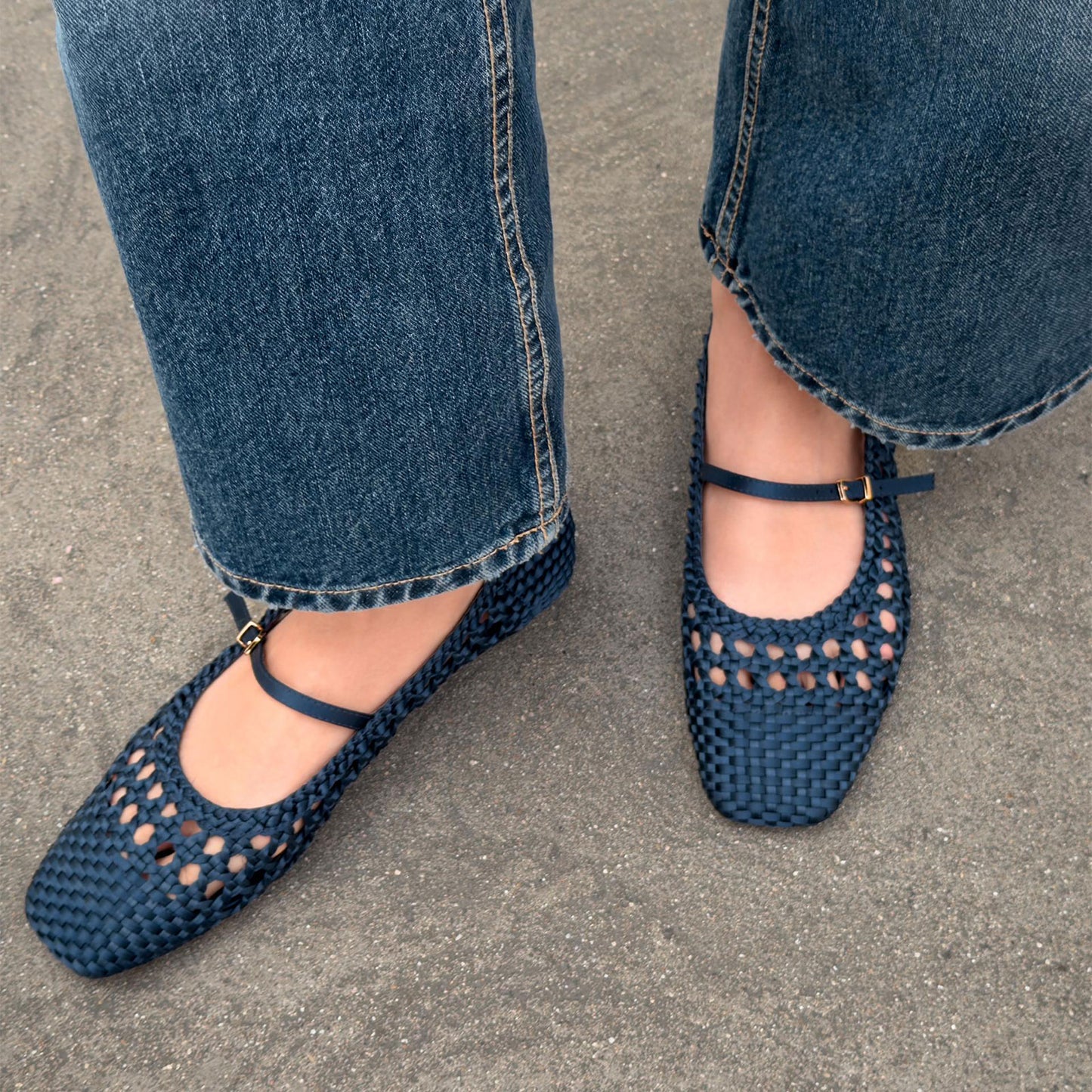 Blue Woven Satin Square-Toe Buckle Mary Jane Chic Flats