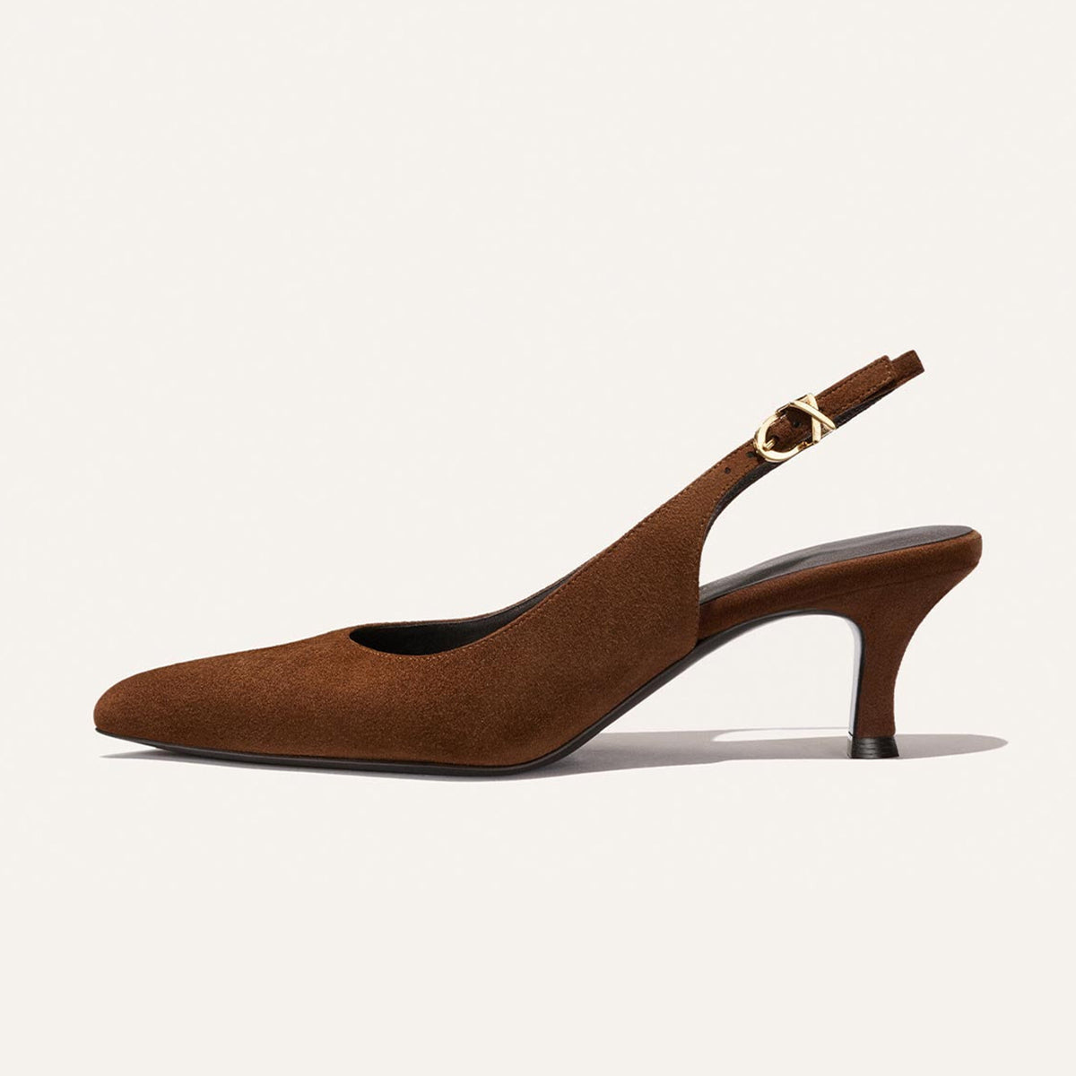 Dark Brown Faux Suede Pointed-Toe Chic Back Strap Kitten Heels