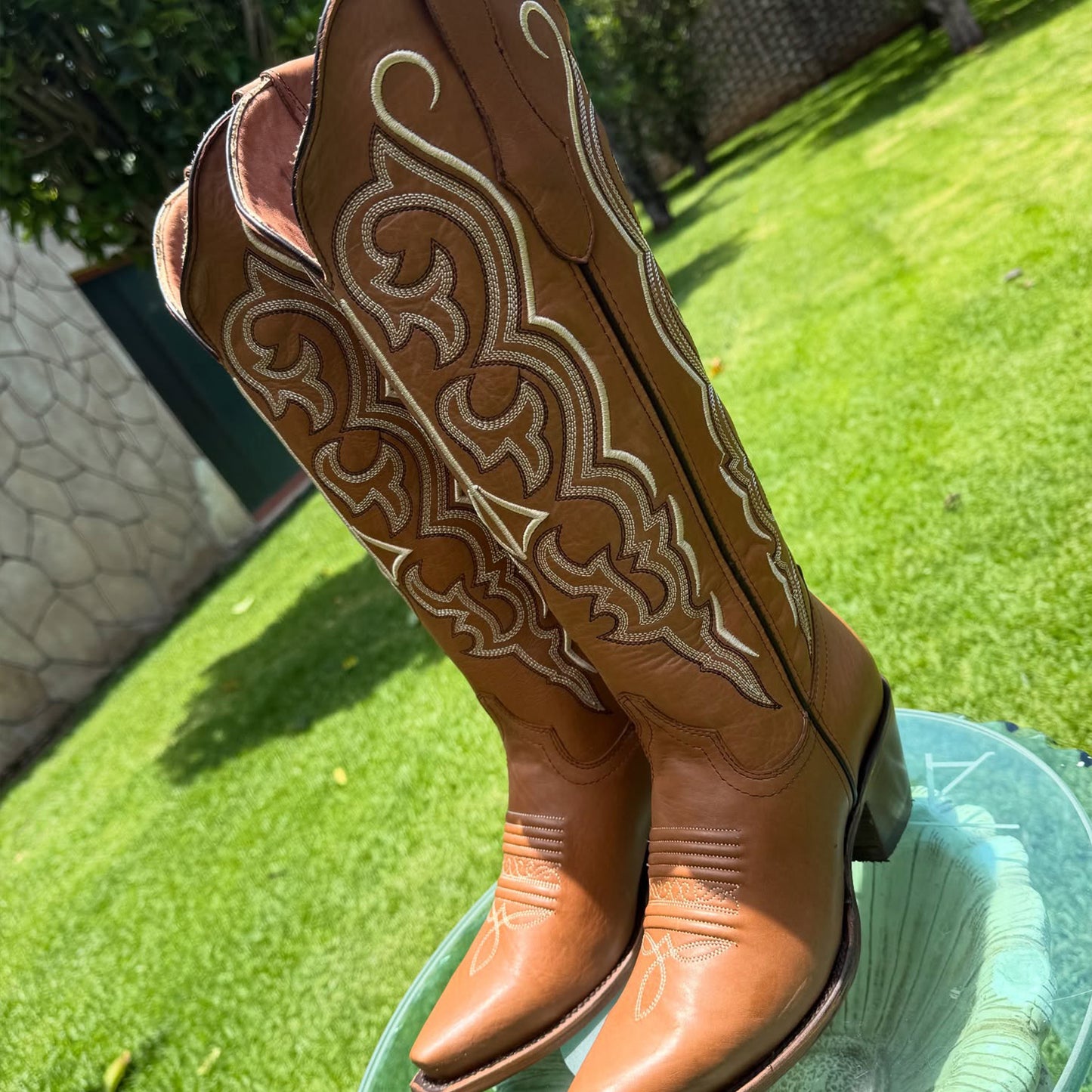 Tobacco Snip-Toe Embroidery Half-Zip Knee High Cowgirl Boots