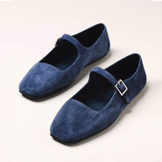 Blue Faux Suede Square-Toe Bridge Strap Mary Janes Flats