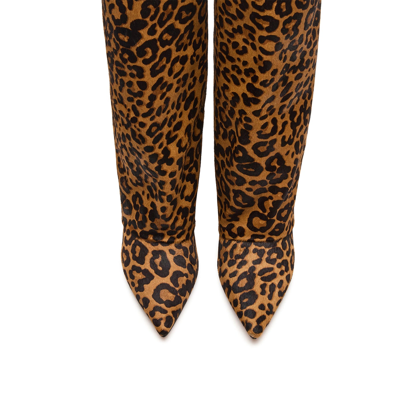 Leopard Pony Hair Pointed-Toe Sleek Wide Calf Knee High Stiletto Boots