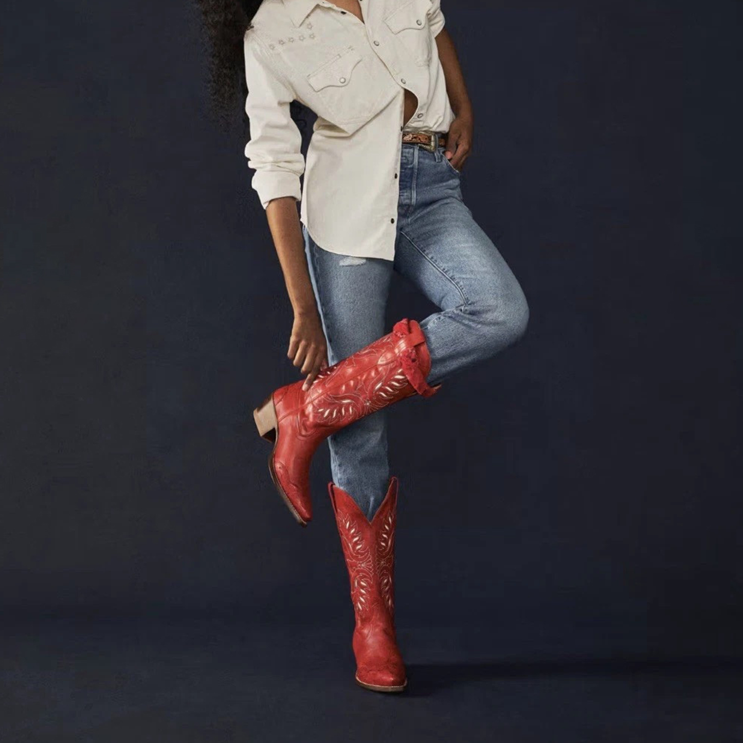 Red Vegan Leather And Ostrich Pattern Snip-Toe Embroidery And Inlay Mid Calf Cowgirl Boots