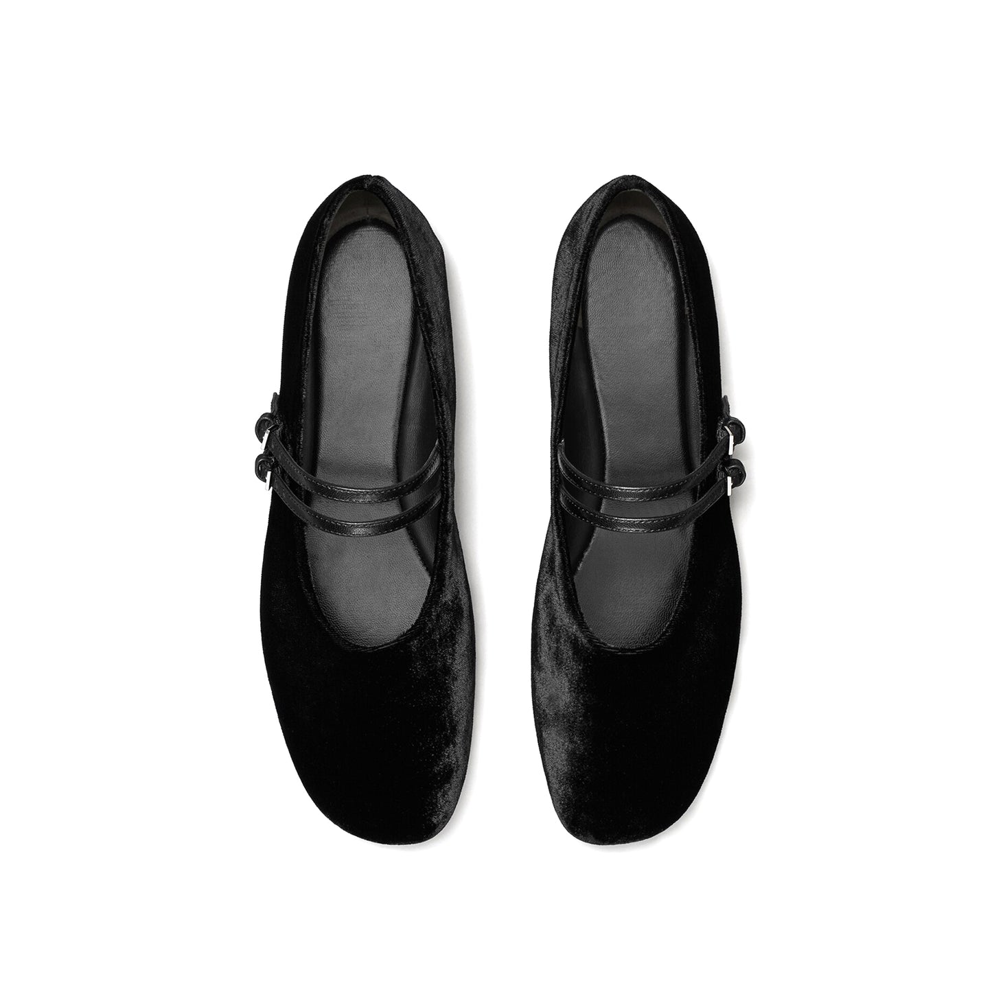 Black Velvet Square-Toe Double Bridge Straps Ballet Flats