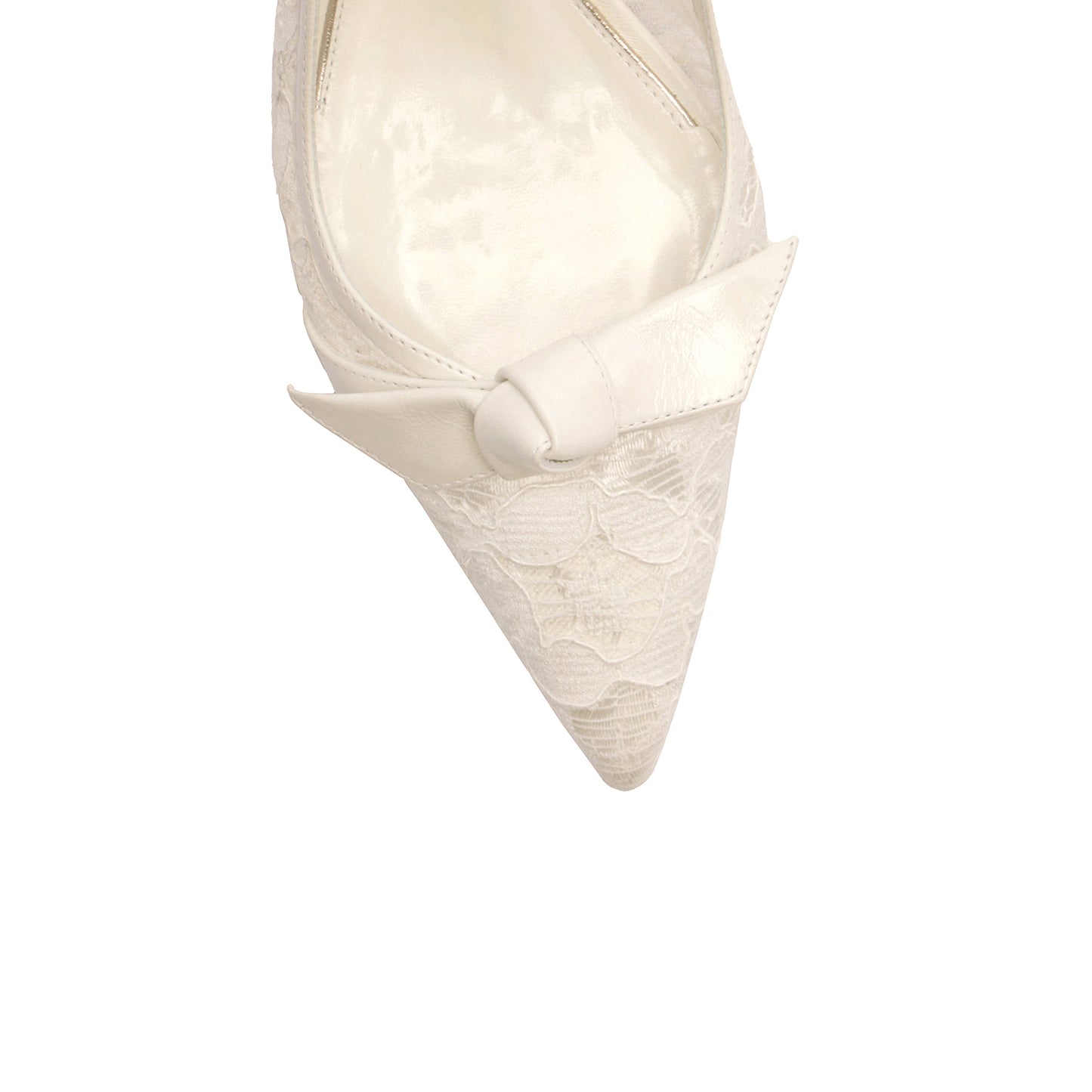 White Lace Mesh Pointed-Toe Front Knot Slingback Kitten Heels