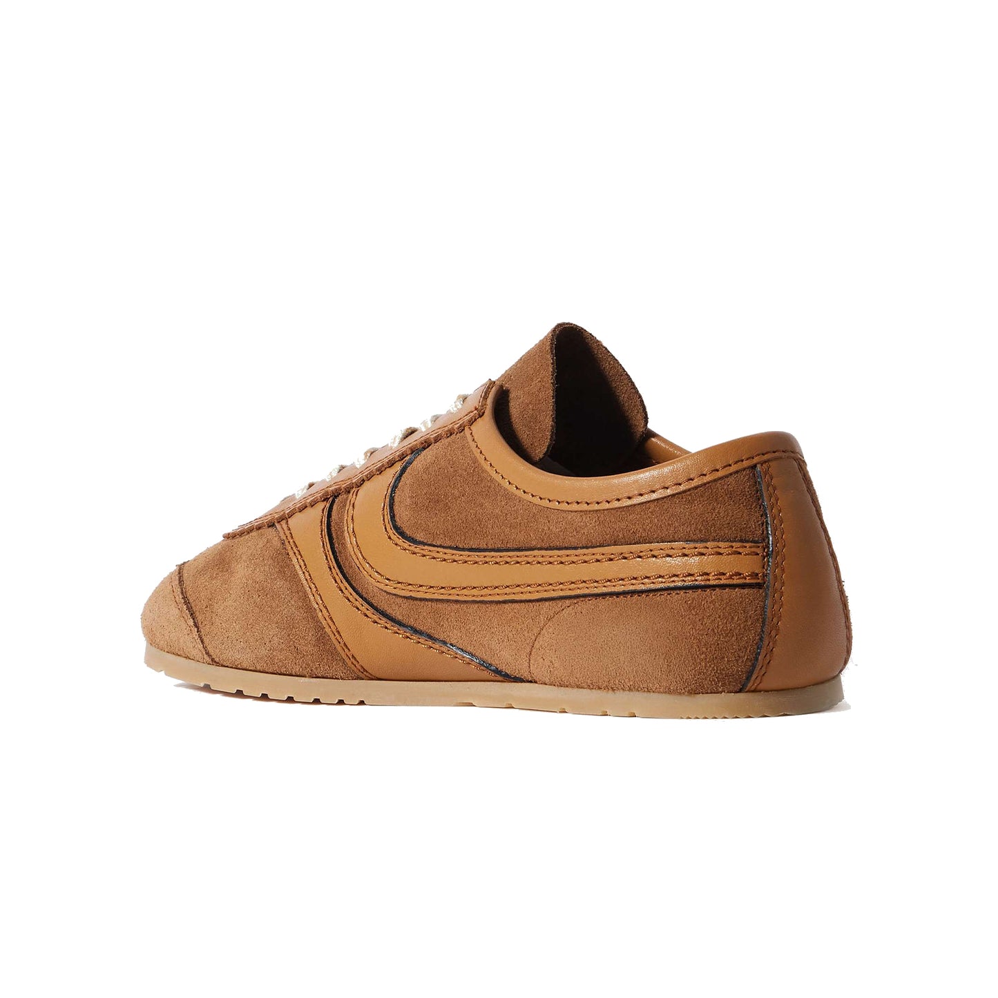Dark Tan Contrast Faux Suede And Vegan Leather Square-Toe Lace-Up Sneakers Flats