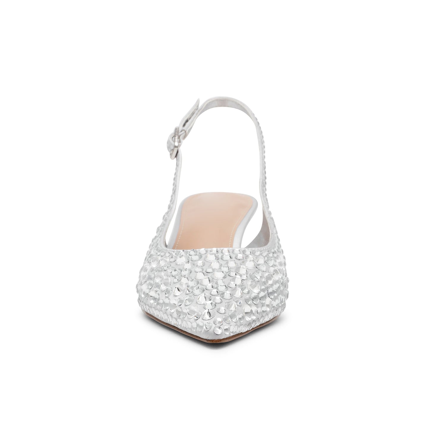 Silver Satin Full Crystals Pointed-Toe Classic Slingback Kitten Heels