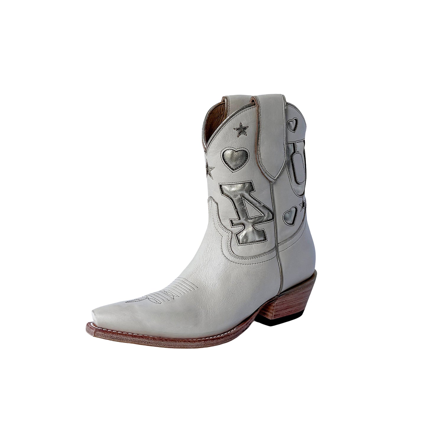 Offwhite Snip-Toe Hearts And Stars And “4” Inlay Ankle Cowgirl Boots