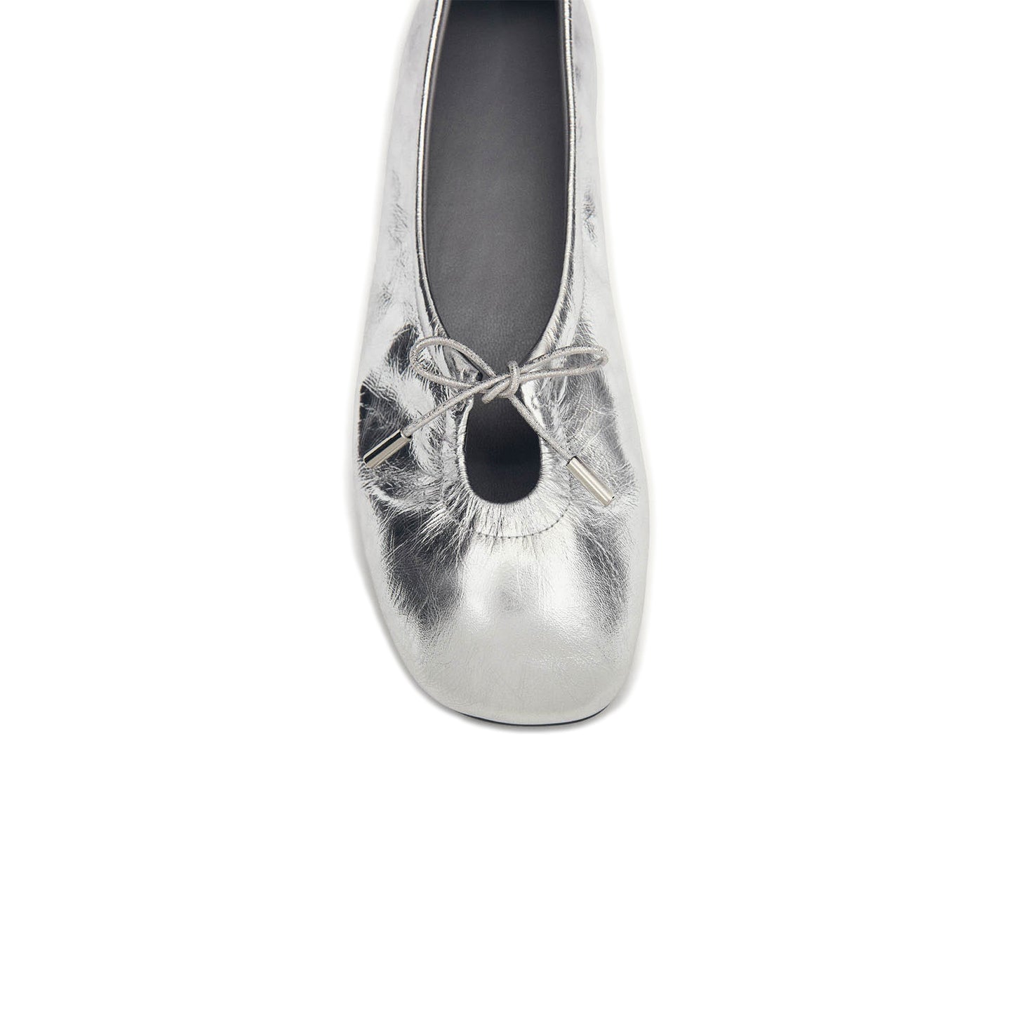Metallic Sliver Square-Toe Bridge Self-Tie Bow Ballet Flats