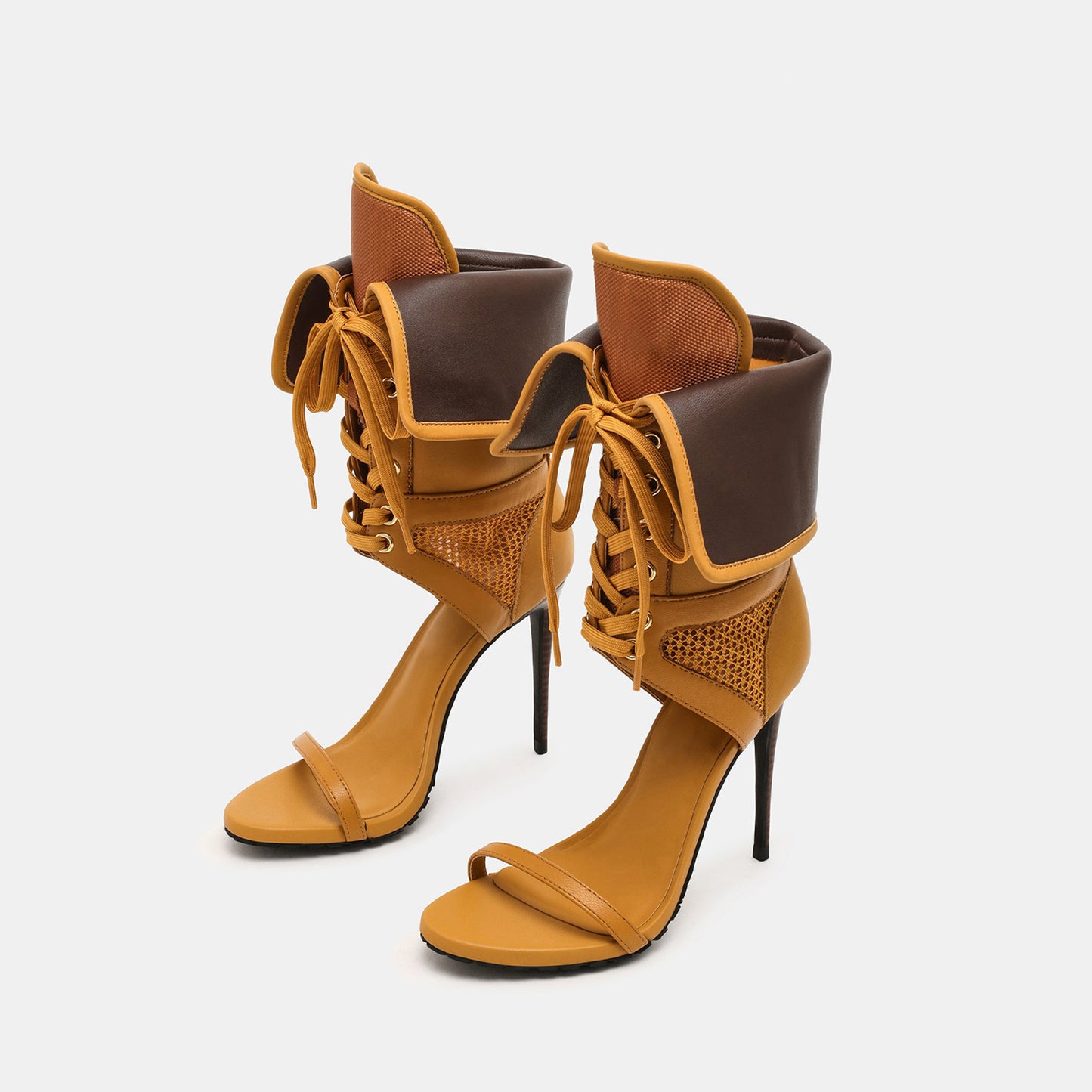 Wheat Open Round-Toe Mesh And Lace-Up Shaft Back Design Stiletto High Heels