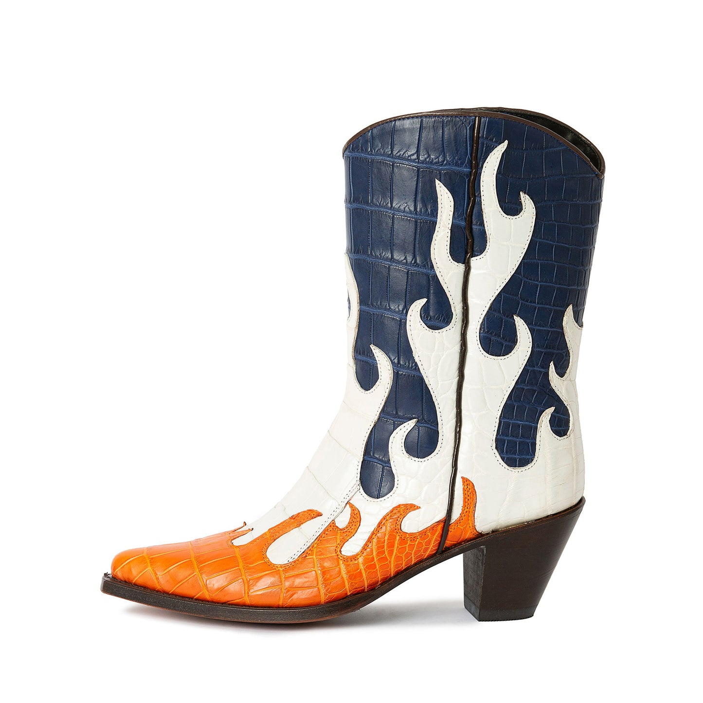 Contrast Colors Crocodile Print Pointed-Toe Flame Applique Ankle Cowgirl Boots