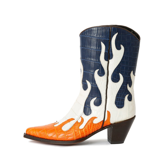Contrast Colors Crocodile Print Pointed-Toe Flame Applique Ankle Cowgirl Boots