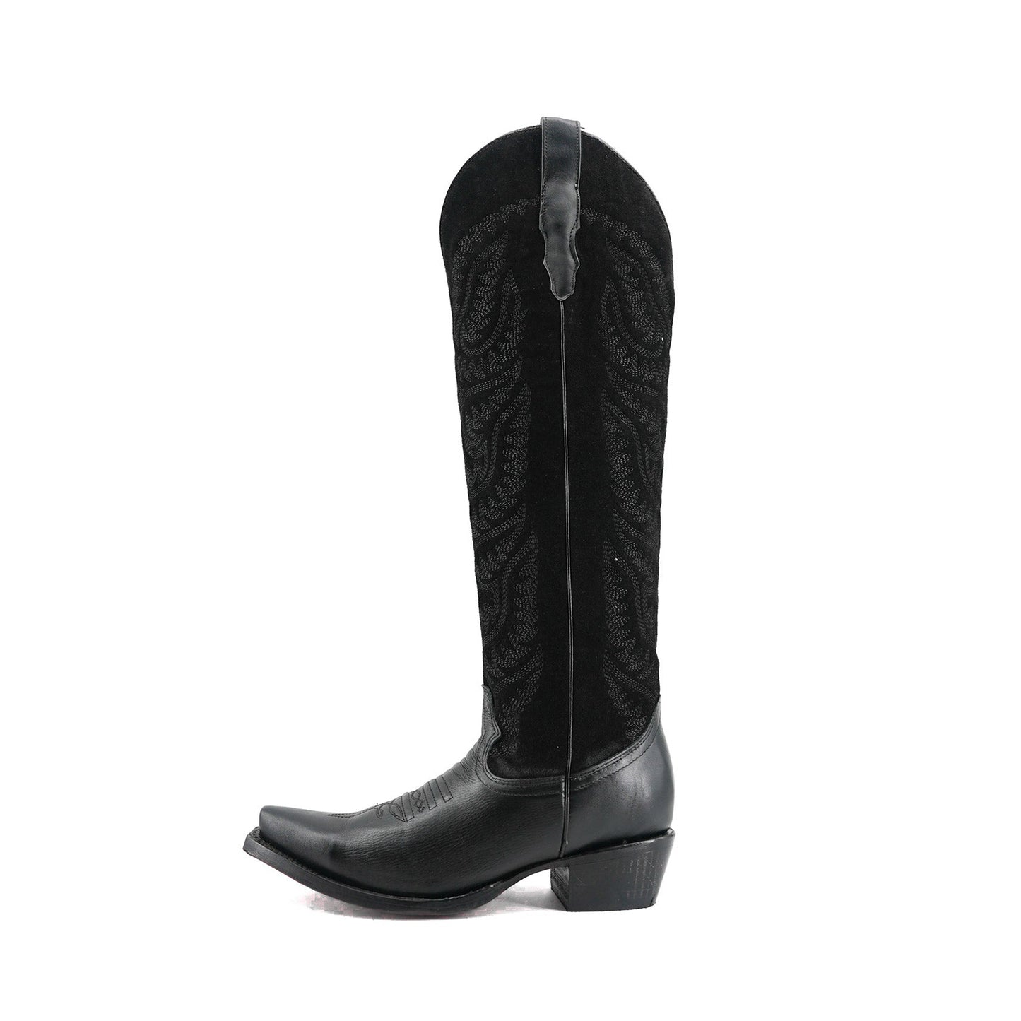 Black Contrast Faux Suede And Vegan Leather Snip-Toe Embroidery Half-Zip Knee High Cowgirl Boots