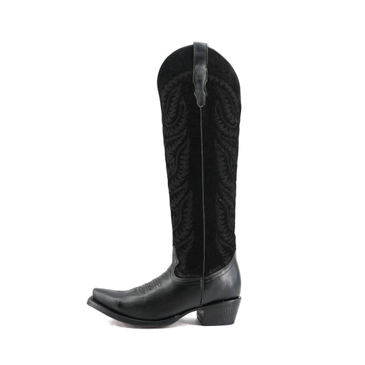 Black Contrast Faux Suede And Vegan Leather Snip-Toe Embroidery Half-Zip Knee High Cowgirl Boots