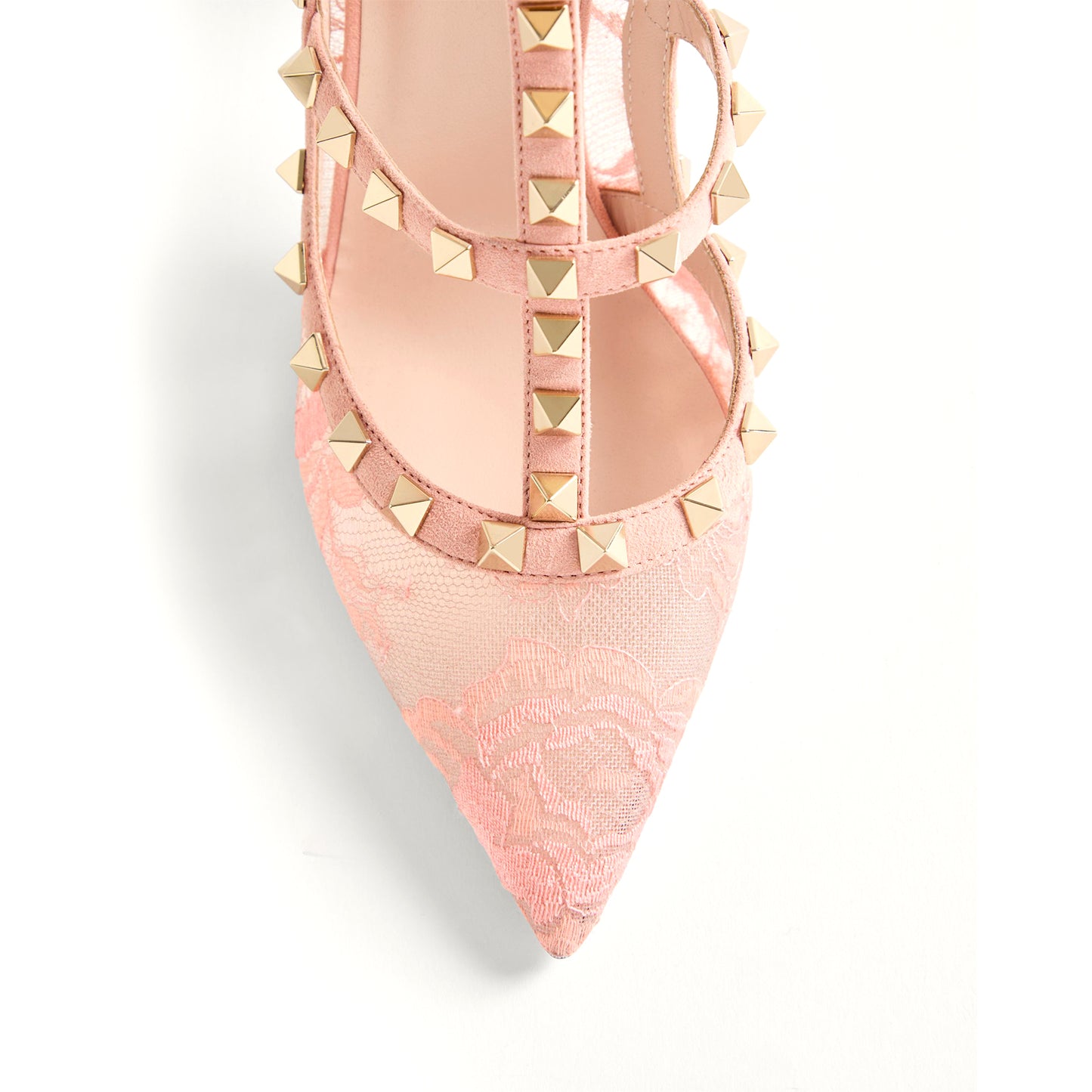 Pink Lace Mesh Pointed-Toe Studded Strappy Slingback High Heels