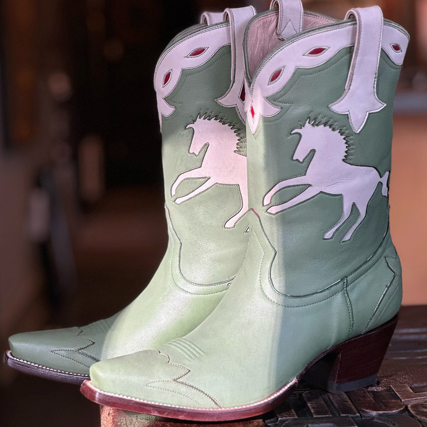 Green Snip-Toe Bone Pony Inlay Classic Ankle Cowgirl Boots