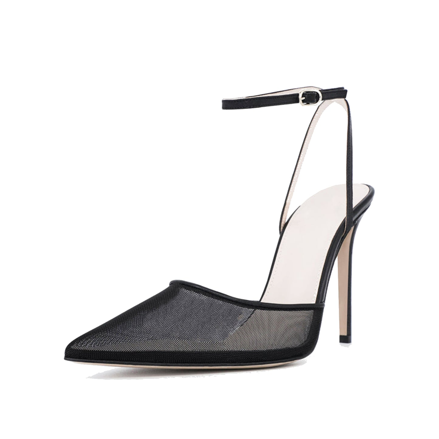 Black Mesh And Vegan Leather Pointed-Toe Ankle Strap Classic High Heels