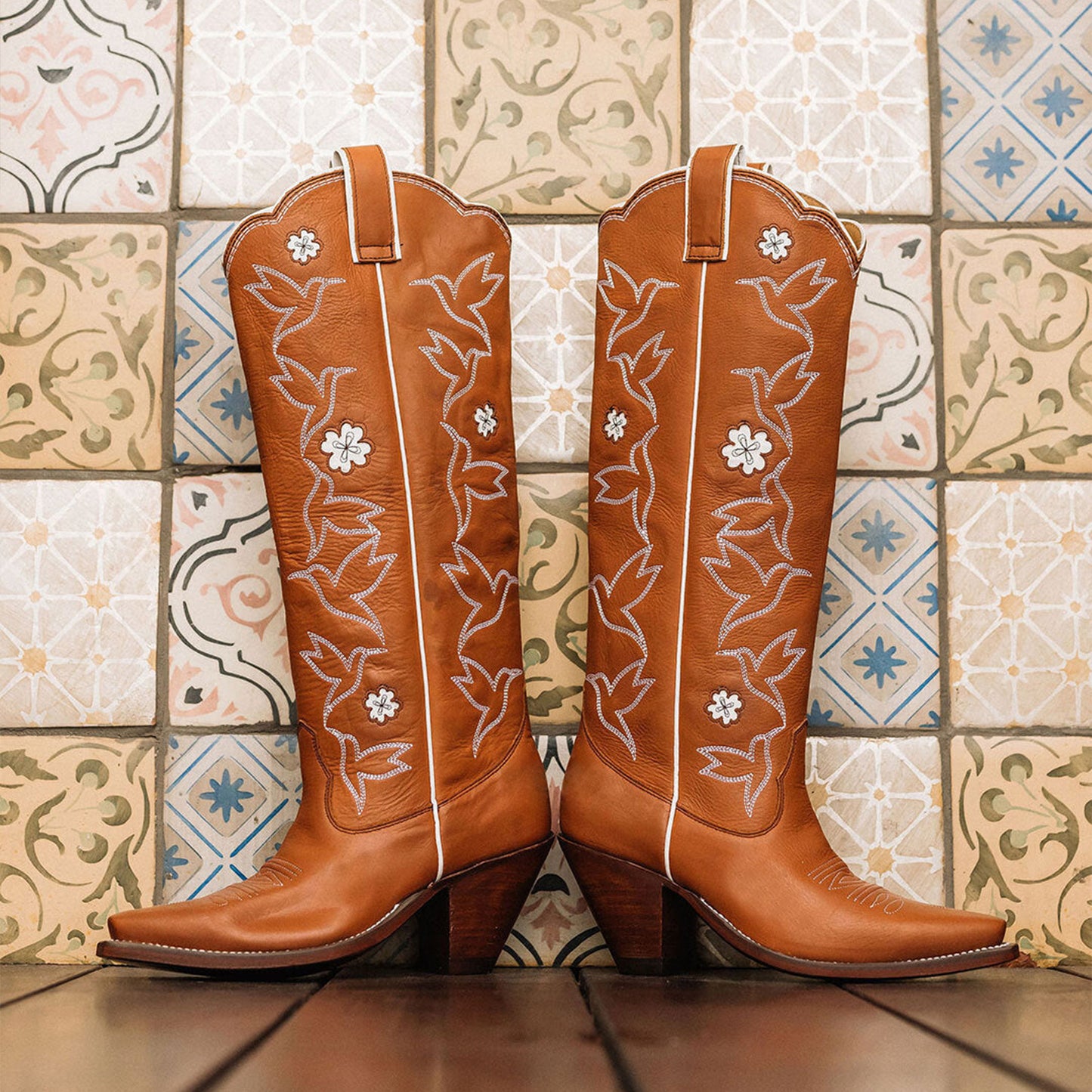 Brick Red Snip-Toe Birds Embroidery Flowers Inlay Wide Calf Knee High Cowgirl Boots