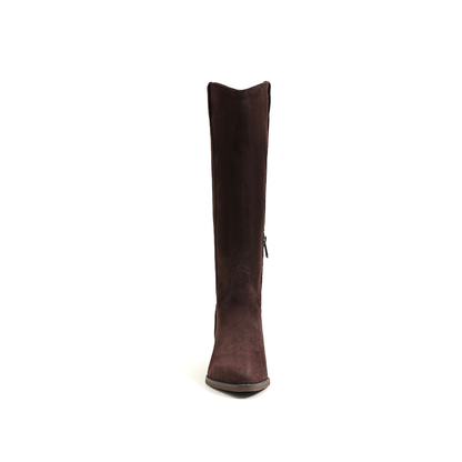 Chocolate Faux Suede Pointed-Toe Half-Zip Knee High Cowgirl Boots