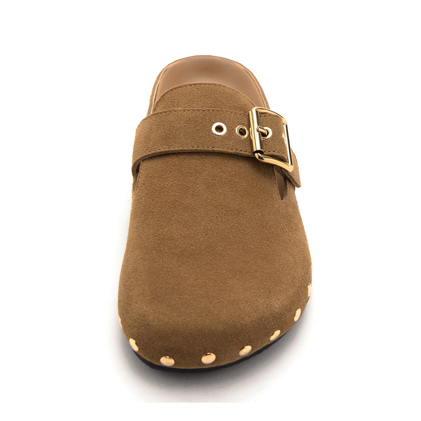 Sand Faux Suede Round-Toe Buckle Strap And Studs Flats