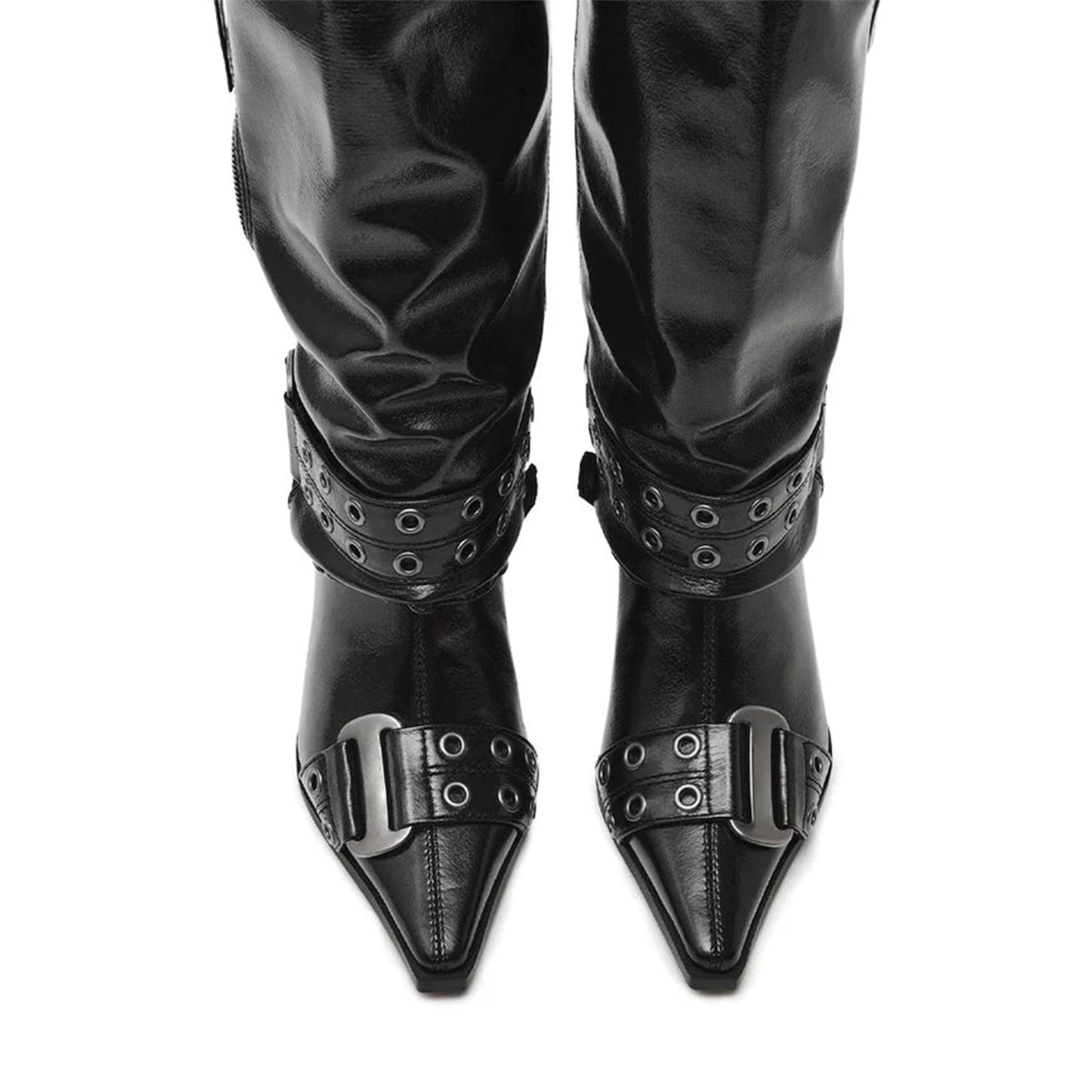 Black Pointed-Toe Half-Zip Buckle Straps With Eyelets Knee High Stiletto Boots