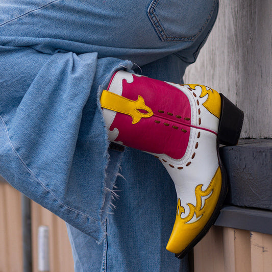 Contrast White And Pink And Yellow Snip-Toe Running Stitch Ankle Cowgirl Boots