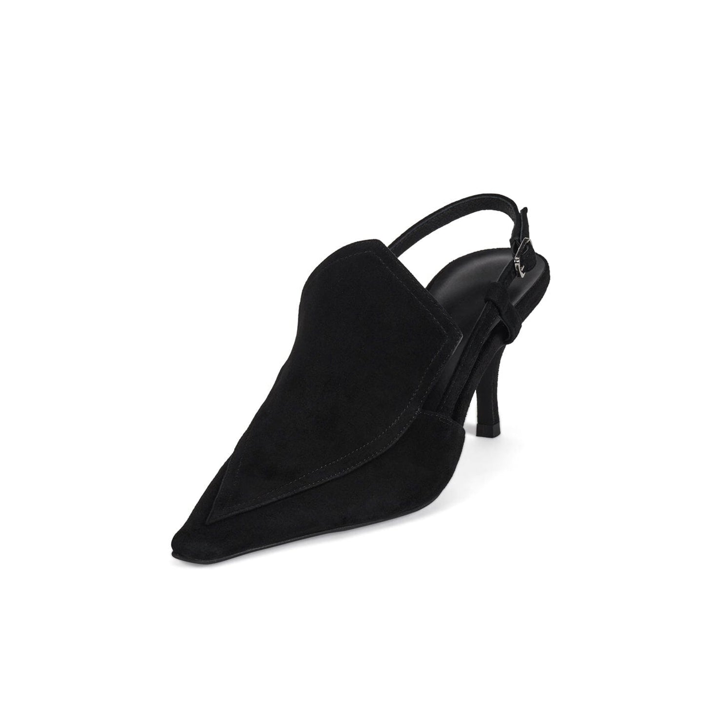 Black Faux Suede Pointed-Toe Slingback Kitten Heels