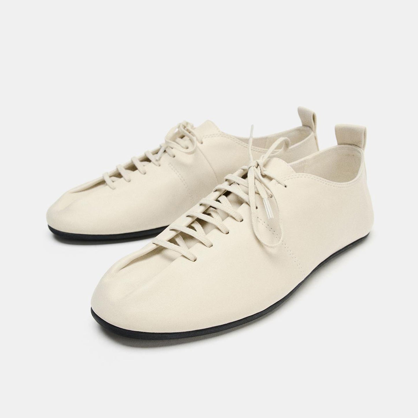 Cream Round-Toe Lace-Up Sleek Slip-On Flats