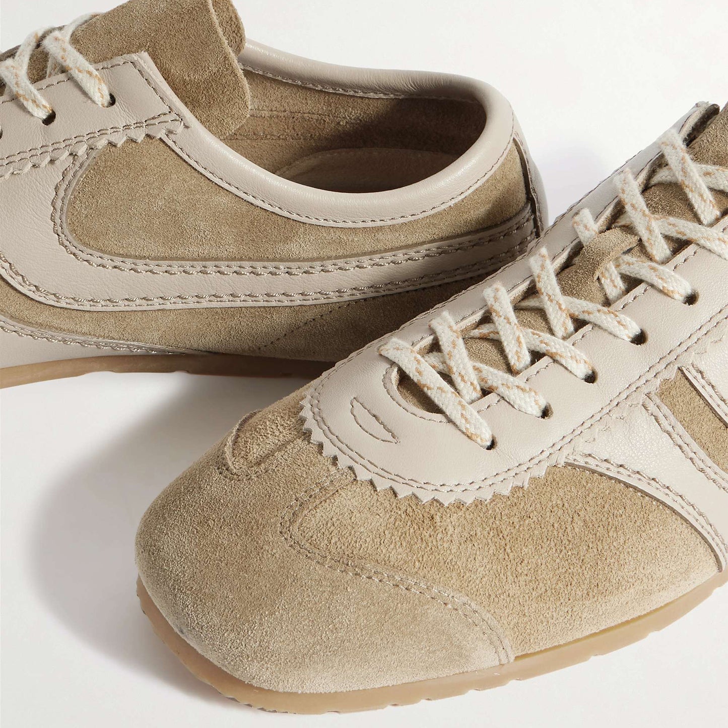 Beige Contrast Faux Suede And Vegan Leather Square-Toe Lace-Up Sneakers Flats