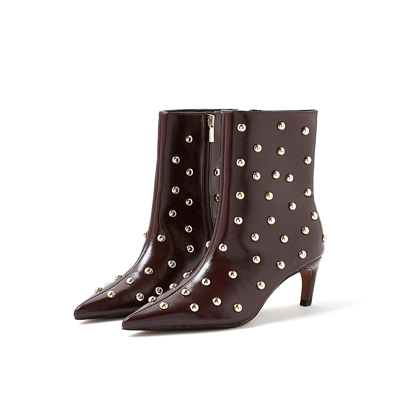 Black Pointed-Toe Studded Full-Zip Ankle Stiletto Boots