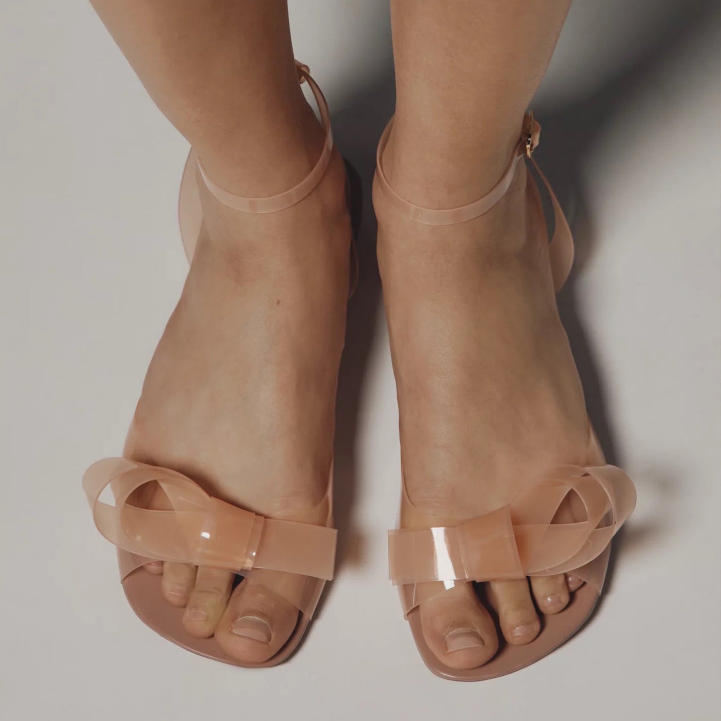Nude PVC Film Square-Toe Front Bow Ankle Strap Flats