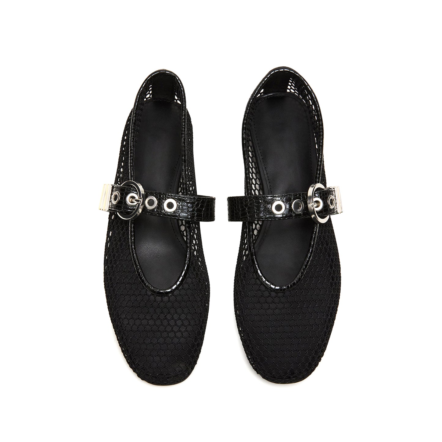 Black Mesh Round-Toe Crocodile Print Bridge Strap Ballet Flats