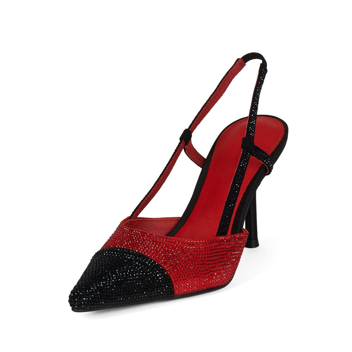 Red And Black Faux Suede Pointed-Toe Back Strap High Heels