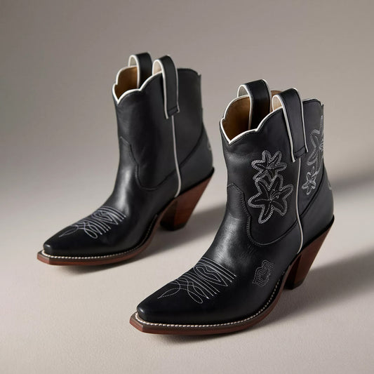 Black Snip-Toe Flower Embroidery Ankle Cowgirl Boots