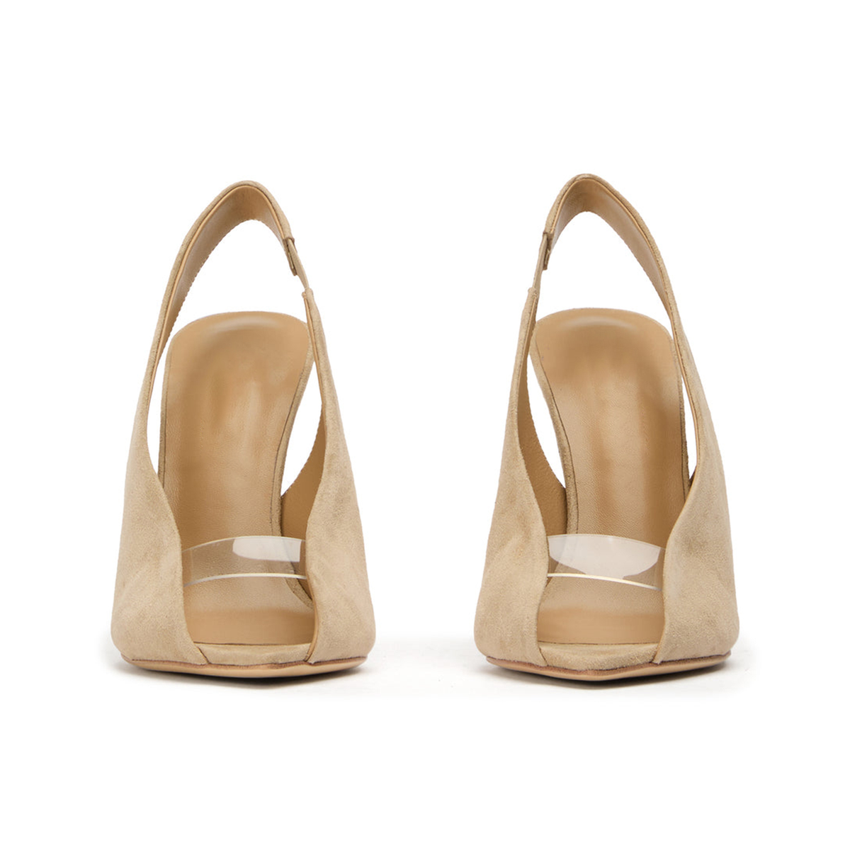 Sand Faux Suede Pointed-Toe Front Transparent TPU Film Slingback High Heels