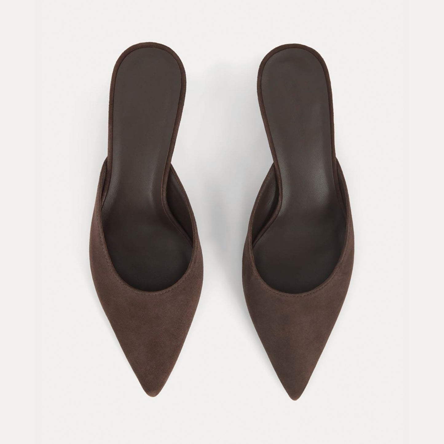 Dark Chocolate Faux Suede Pointed-Toe Slip-On Backless Kitten Heels