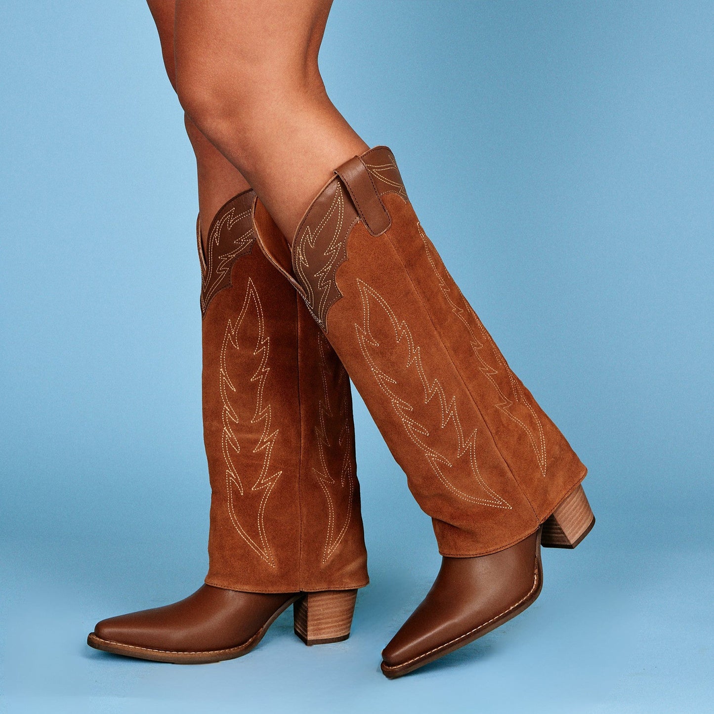 Brown Snip-Toe Faux Suede Fold-Over Embroidery Wide Calf Knee High Cowgirl Boots