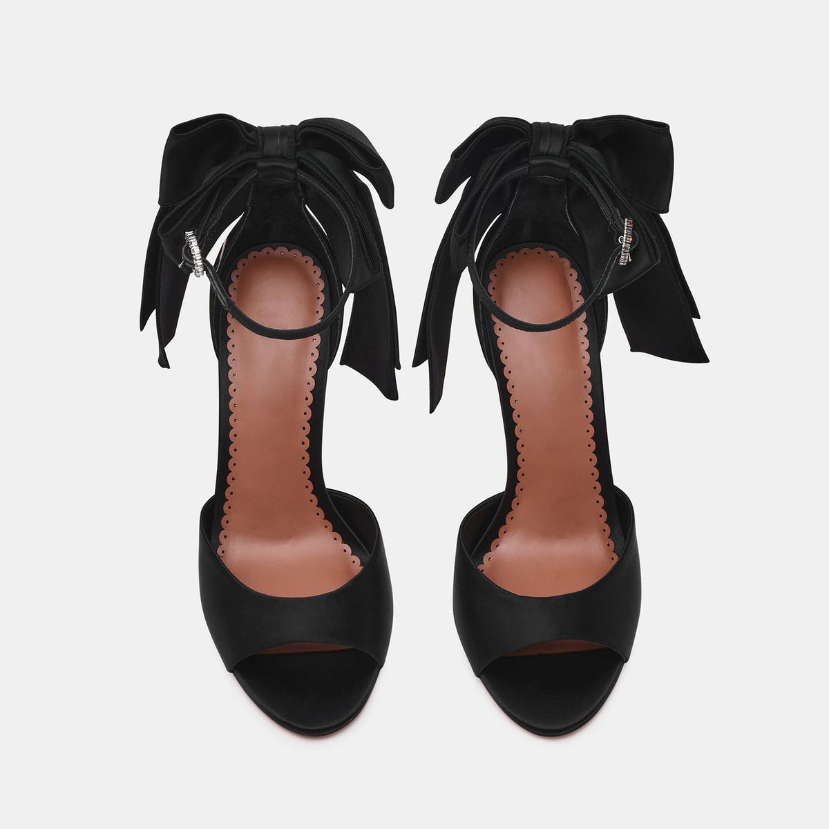 Black Satin Round-Toe Back Big Bow And Ankle Strap Chic High Heels