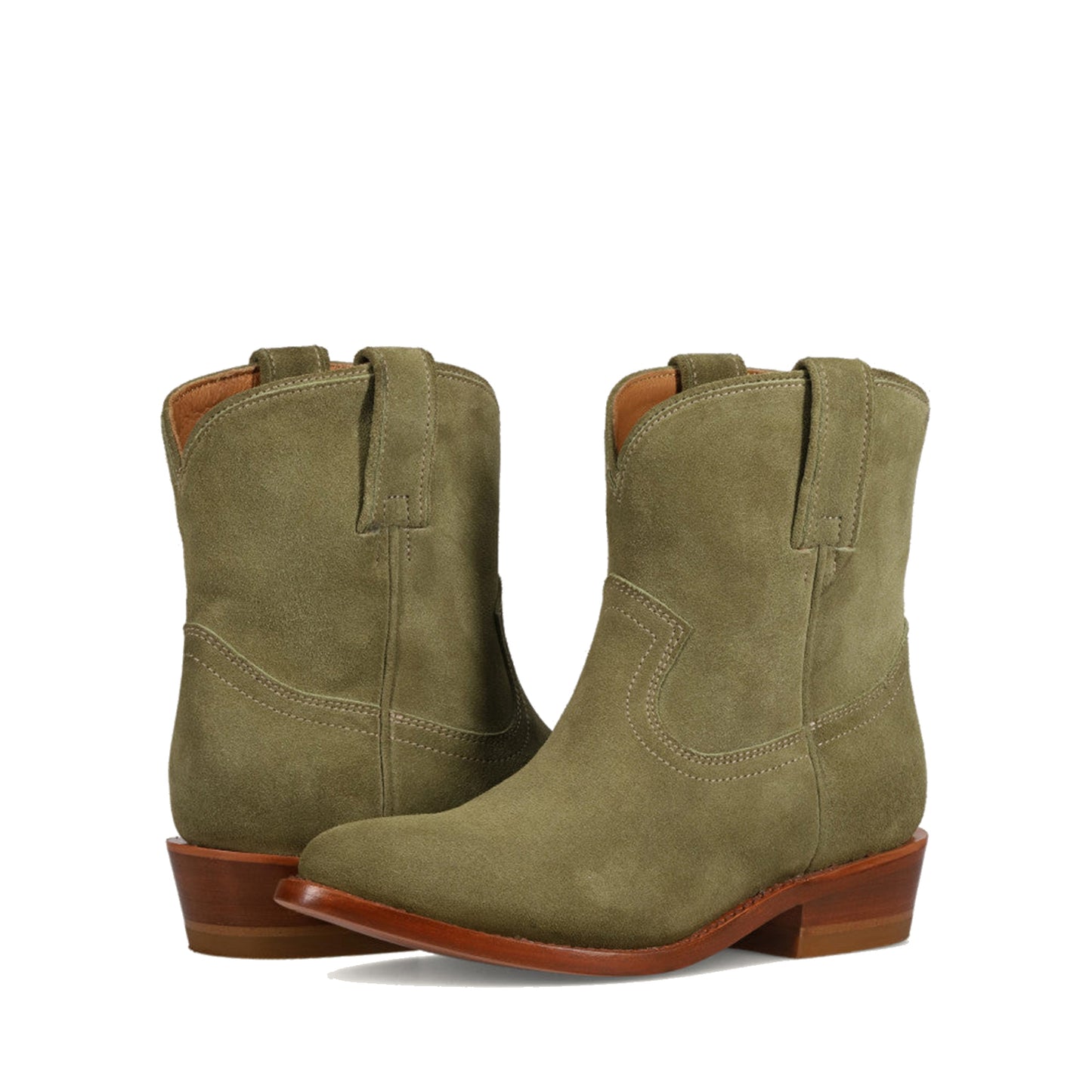 Jade Green Faux Suede Round-Toe Simple Slip-On Ankle Cowgirl Boots