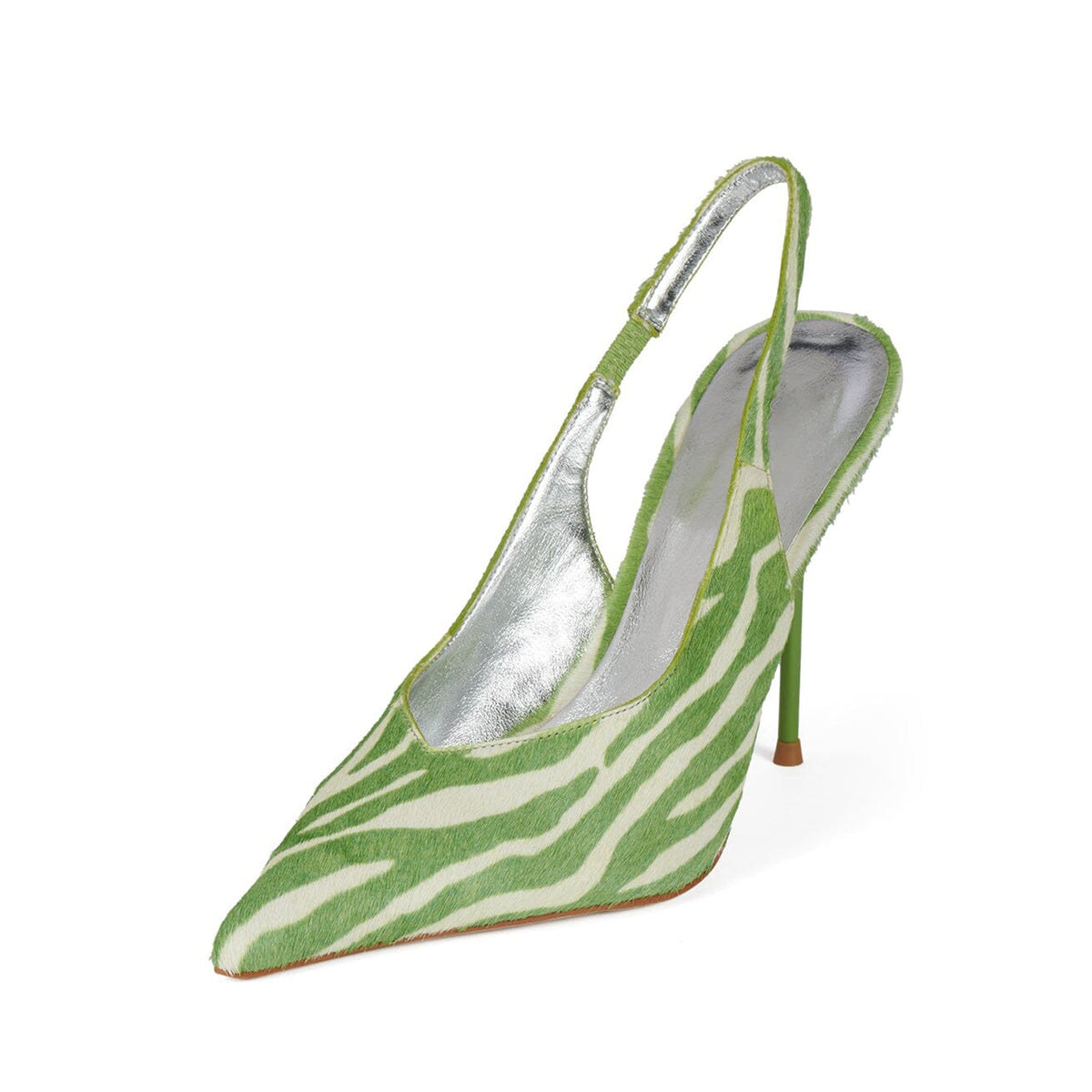 Zebra Pattern White And Green Pointed-Toe Slingback Chic High Heels