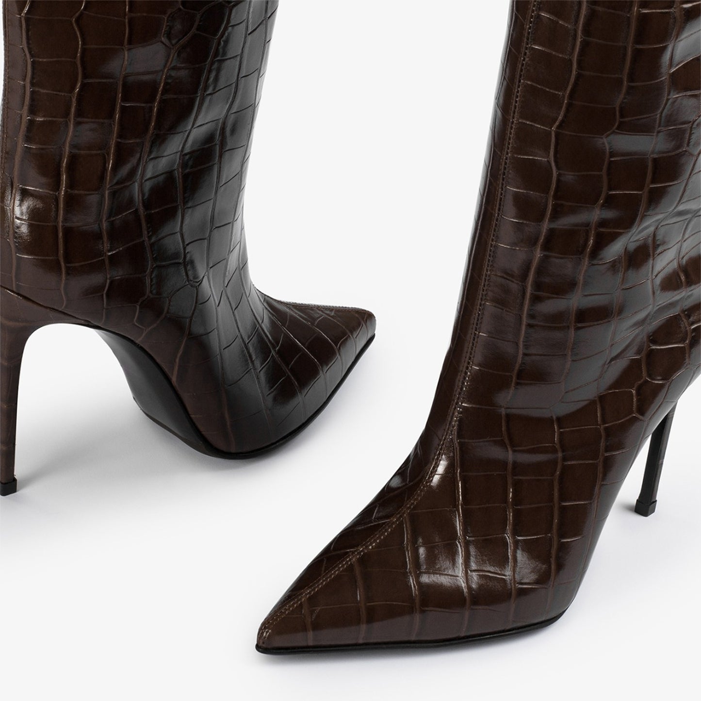 Brown Crocodile-Print Pointed-Toe Simple Wide Calf Knee High Tall Stiletto Boots