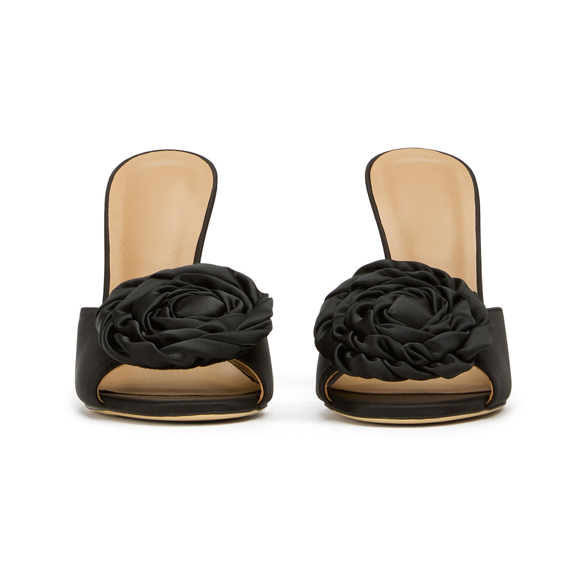 Black Satin Round-Toe Front Big Rose Backless High Heels